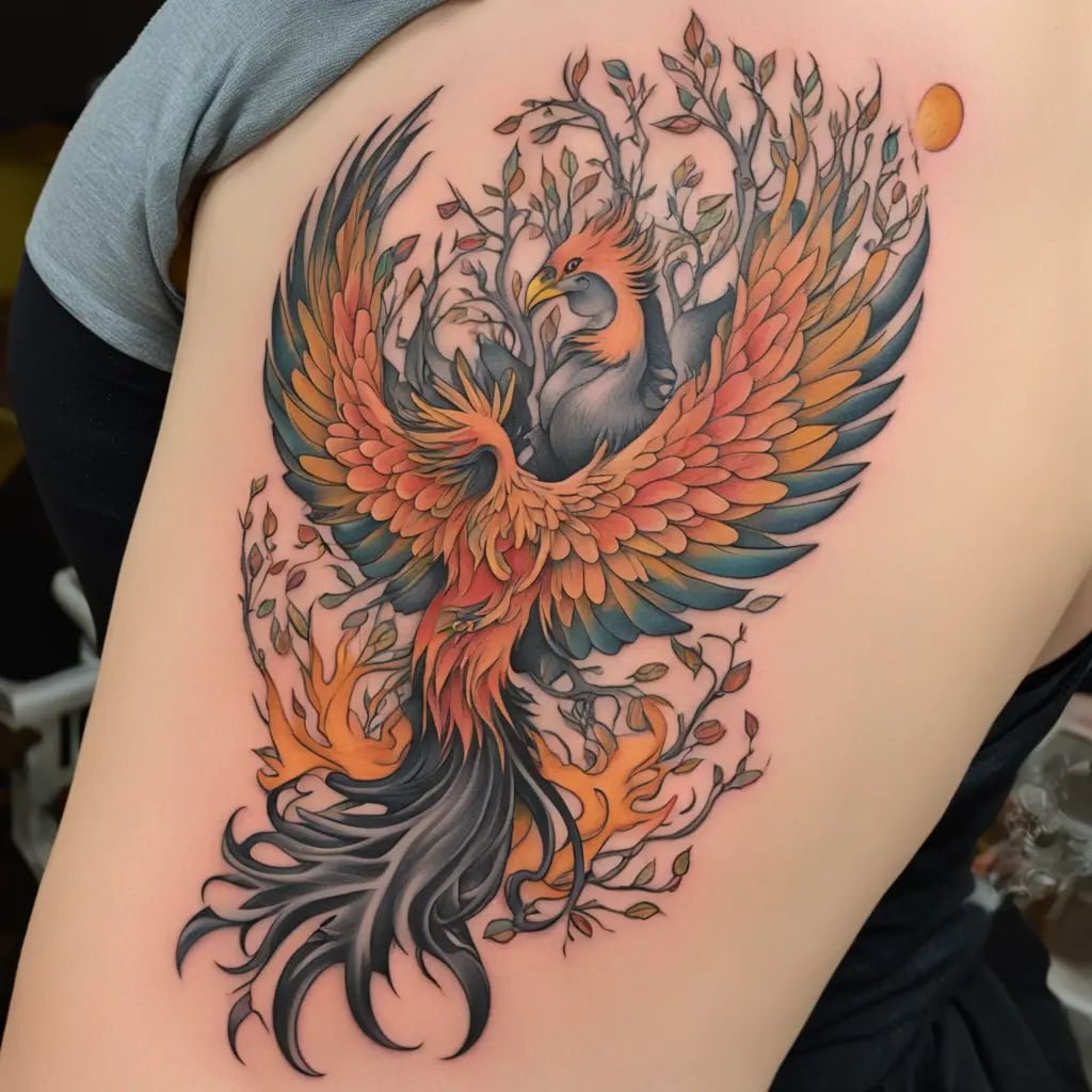 Pheonix being reborn from a tree of life, with no hard lines just mostly colour and the tree of life prominently below the phoenix who is rising out of the tree and up into the sky