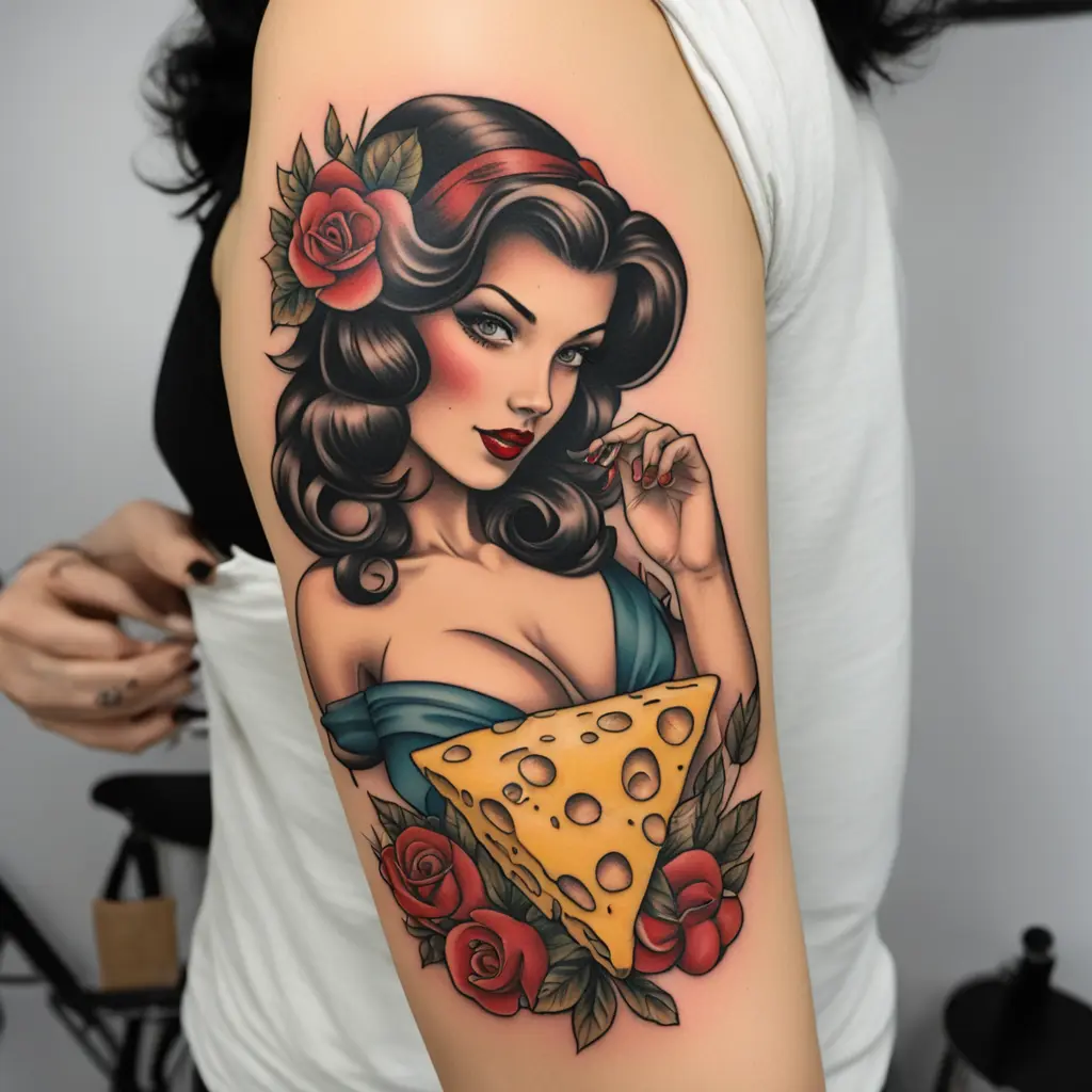 Pin-up brunette and cheese 