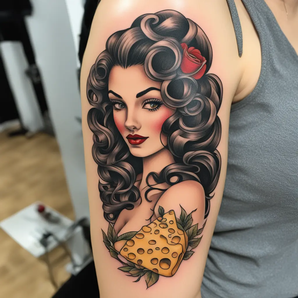Pin-up brunette long curly hair and much cheese 