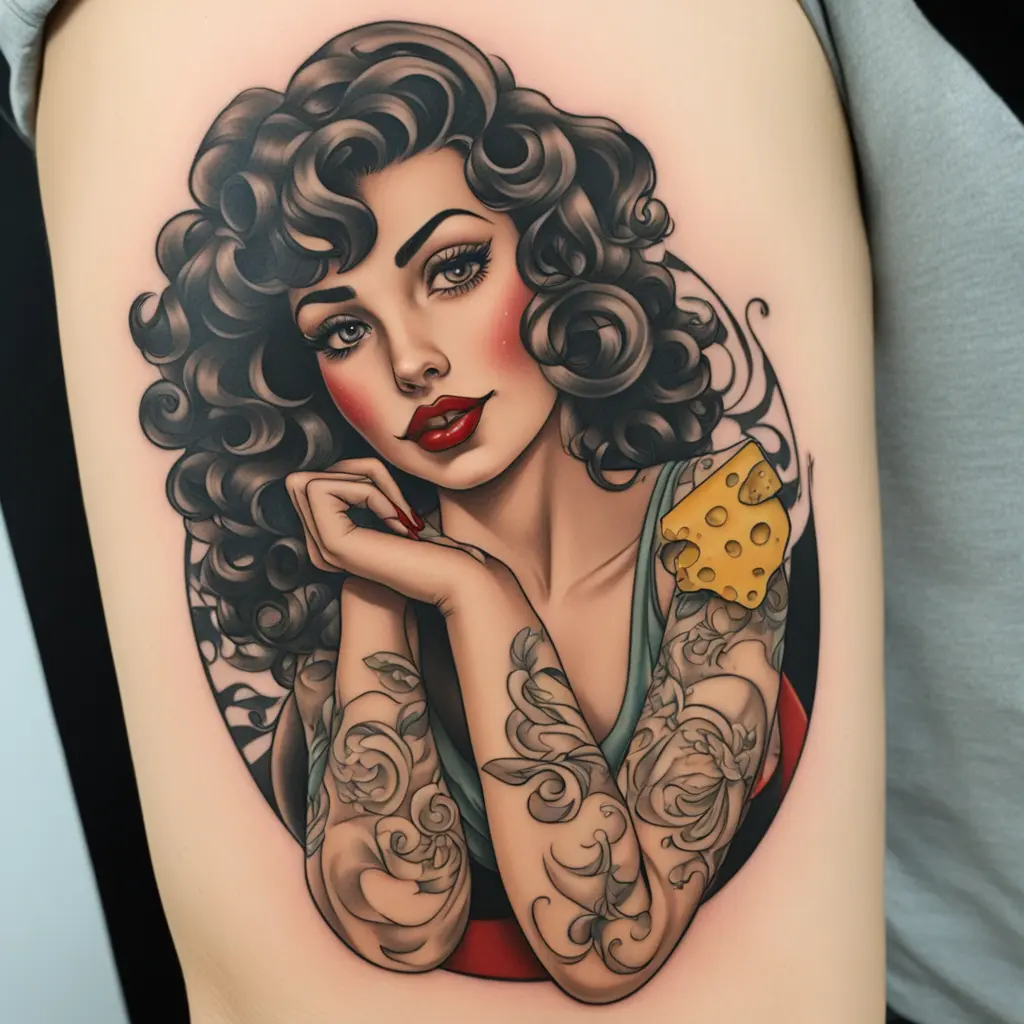 pin-up brunette with curly hair and cheese