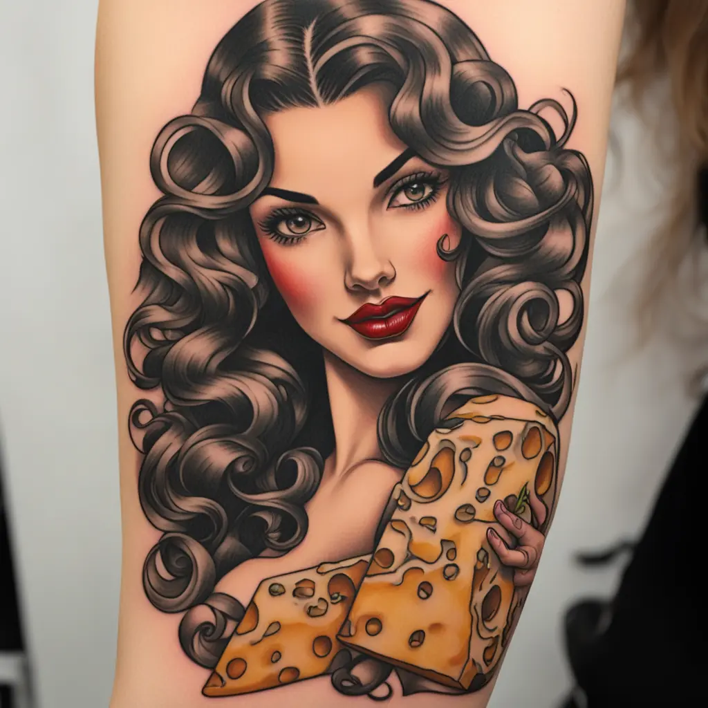 Pin-up brunette with long curly hair and cheese