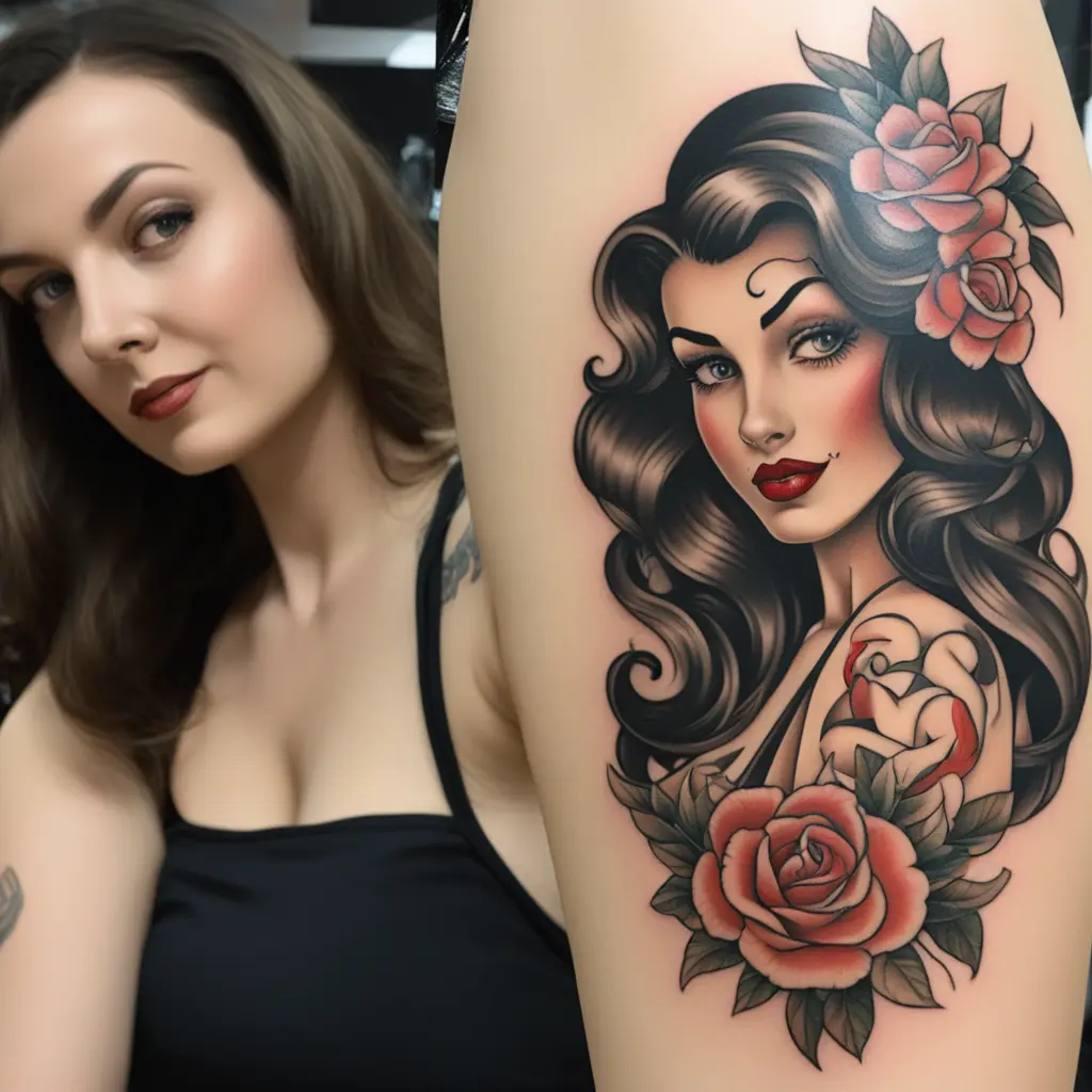 Pin-up curvy brunette long hair old school