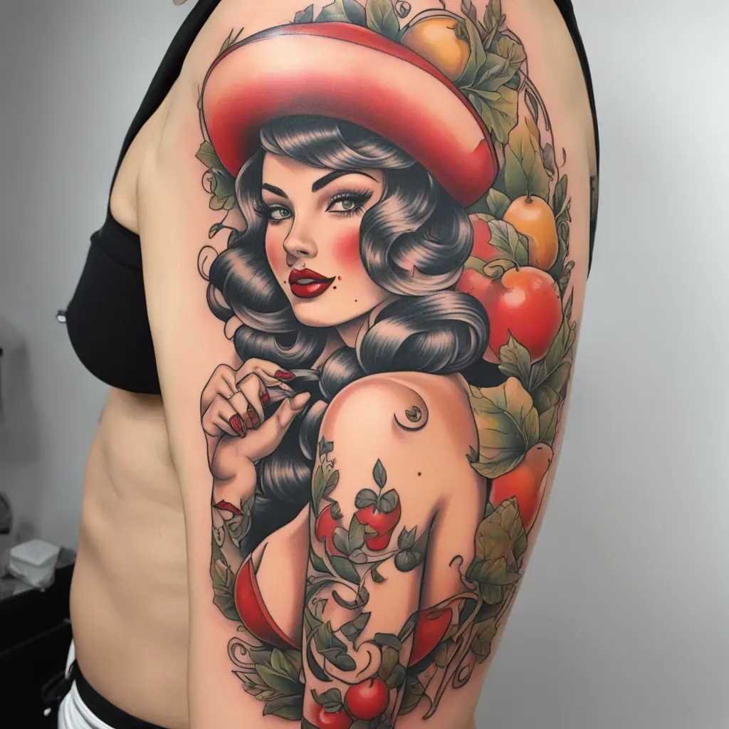 Pin-up tattoo, full body, with a mushroom hat/head, surrounded by a fruit border, she's curvy and muscular
