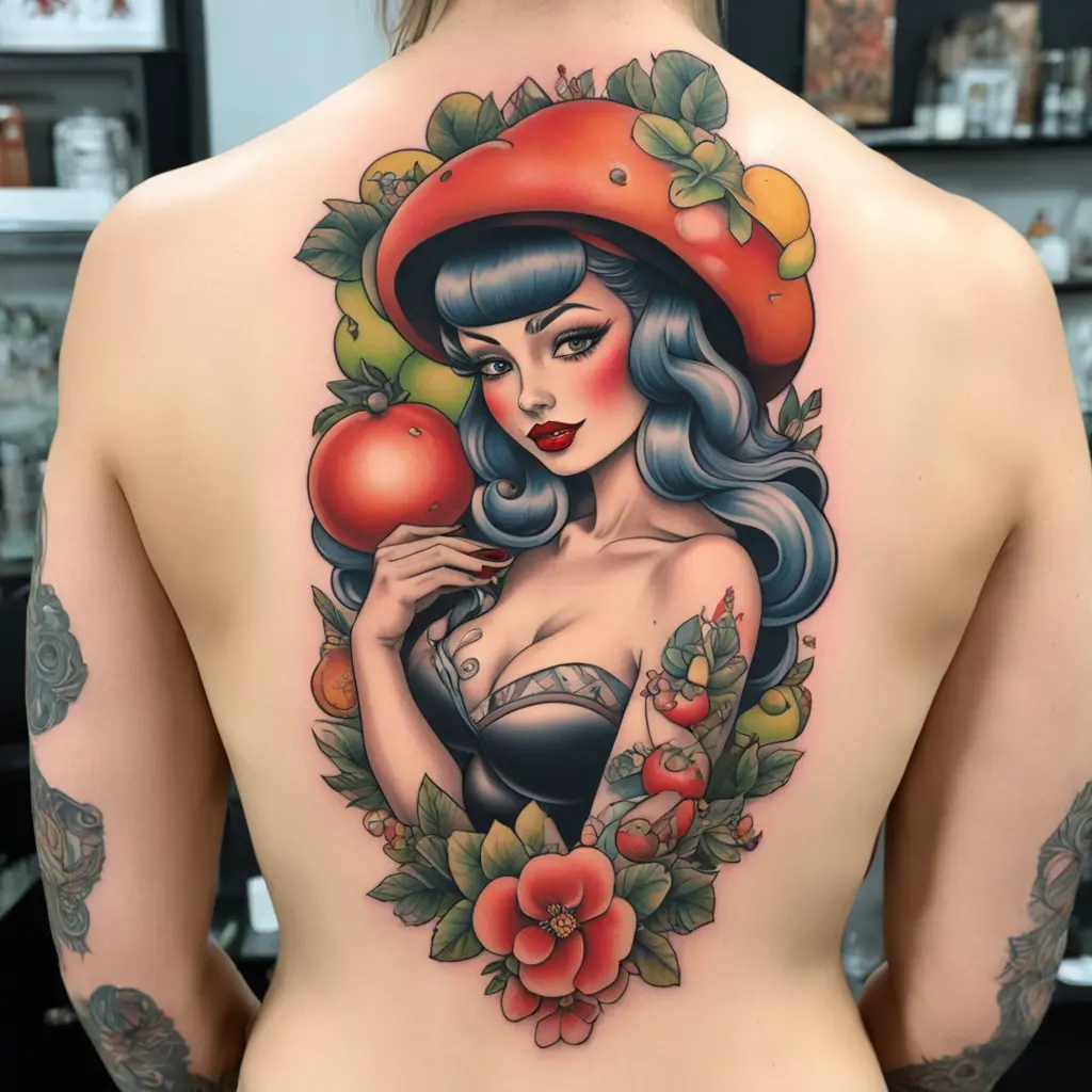 Pin-up tattoo, full body, with a mushroom hat/head, surrounded by a fruit border, she's curvy and muscular