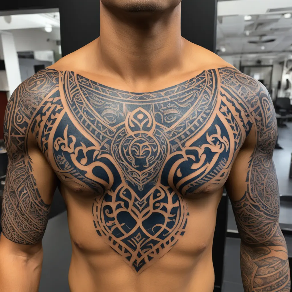 Polynesian and african fusion tattoo with spear heads and Kudu horns and bull horns in the paterns