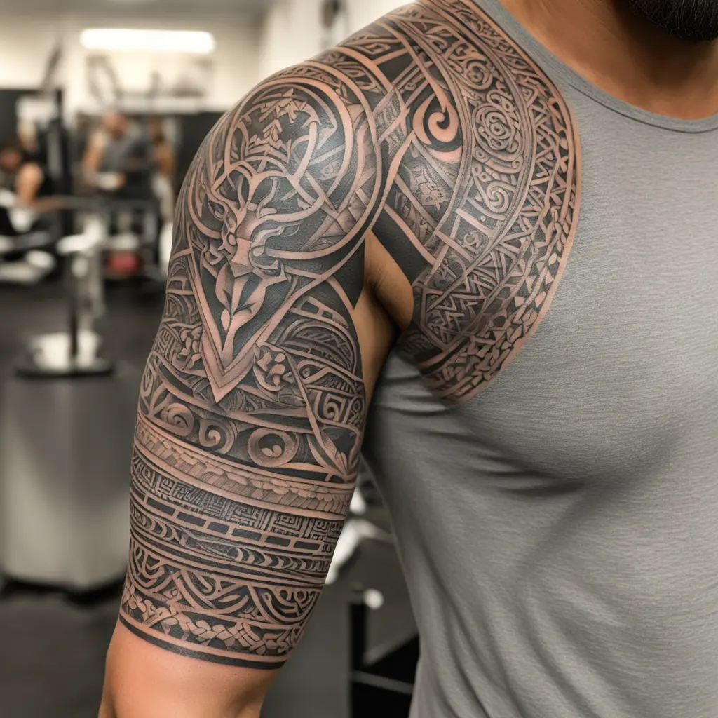 Polynesian and Maori fusion tattoo. Full sleeve from shoulder to wristbands.  Patterns to include deer horns, bull horns and spear heads. 