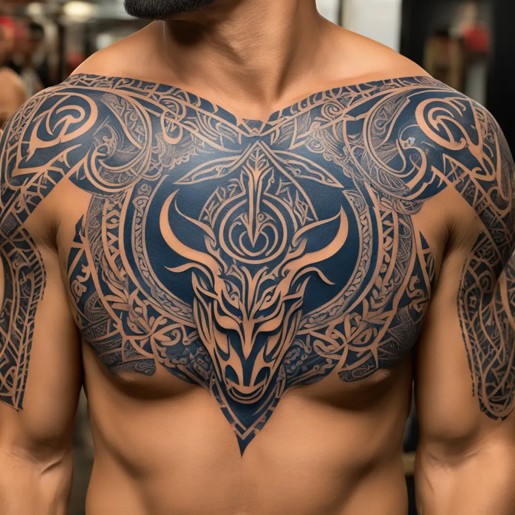 Polynesian and Maori fusion tattoo with spear heads and Kudu horns and bull horns in the paterns