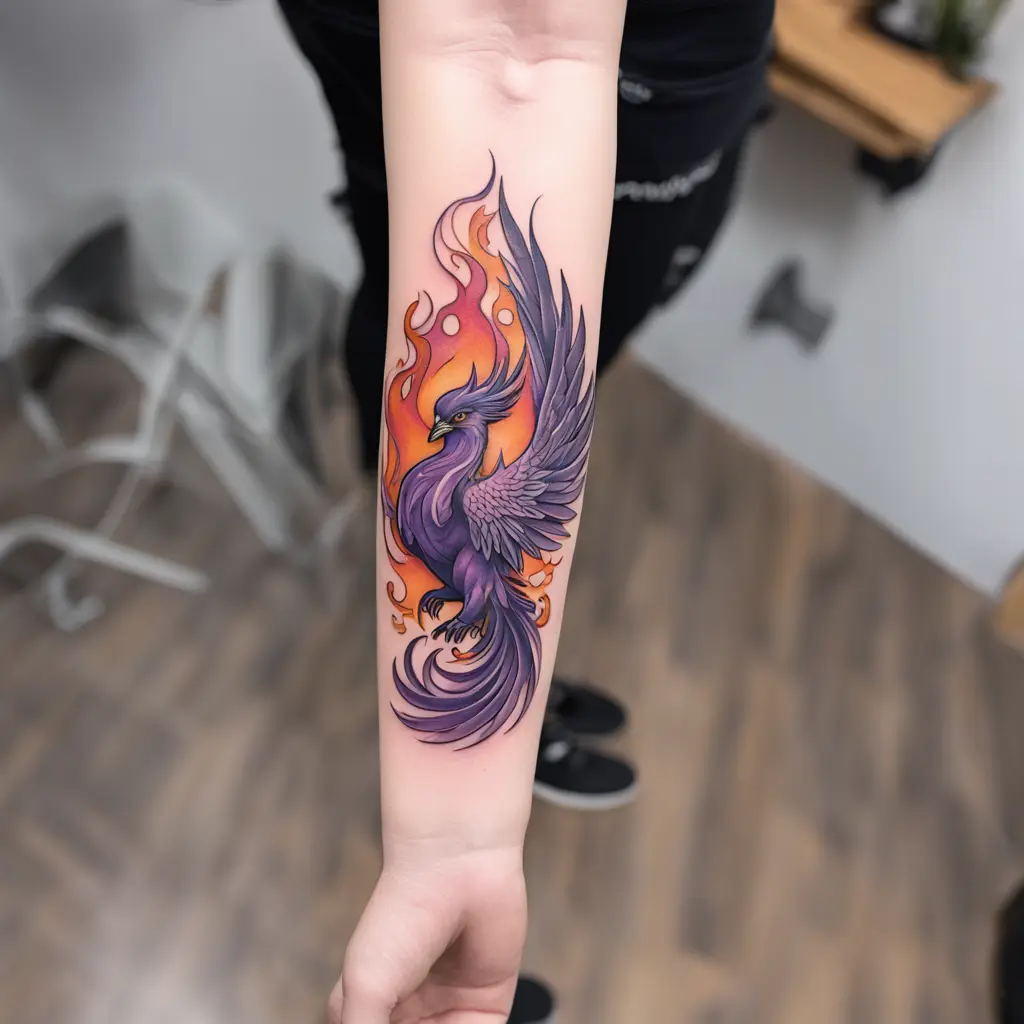 purple fiery phoenix on forearm