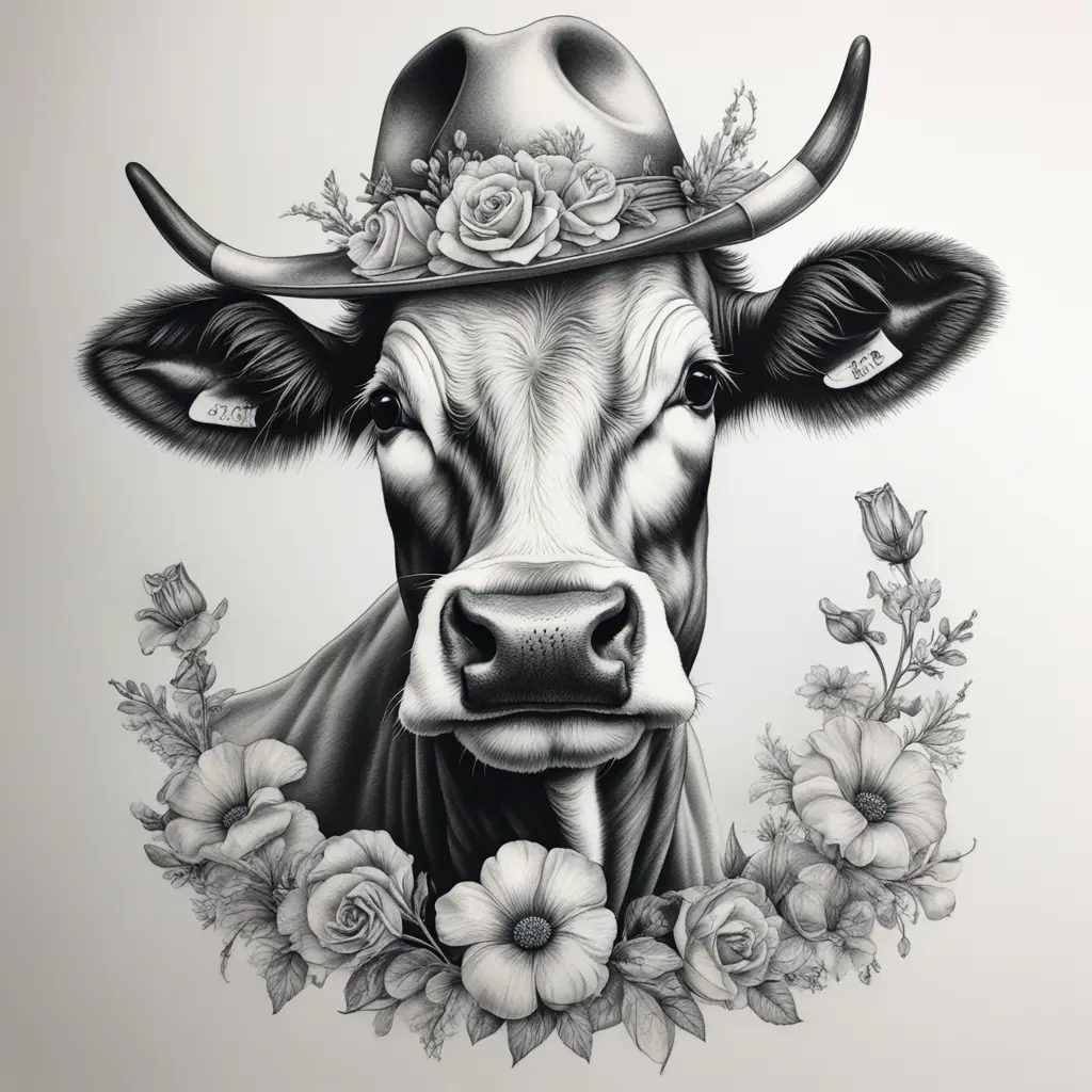 Realistic looking cow with hat or flowers