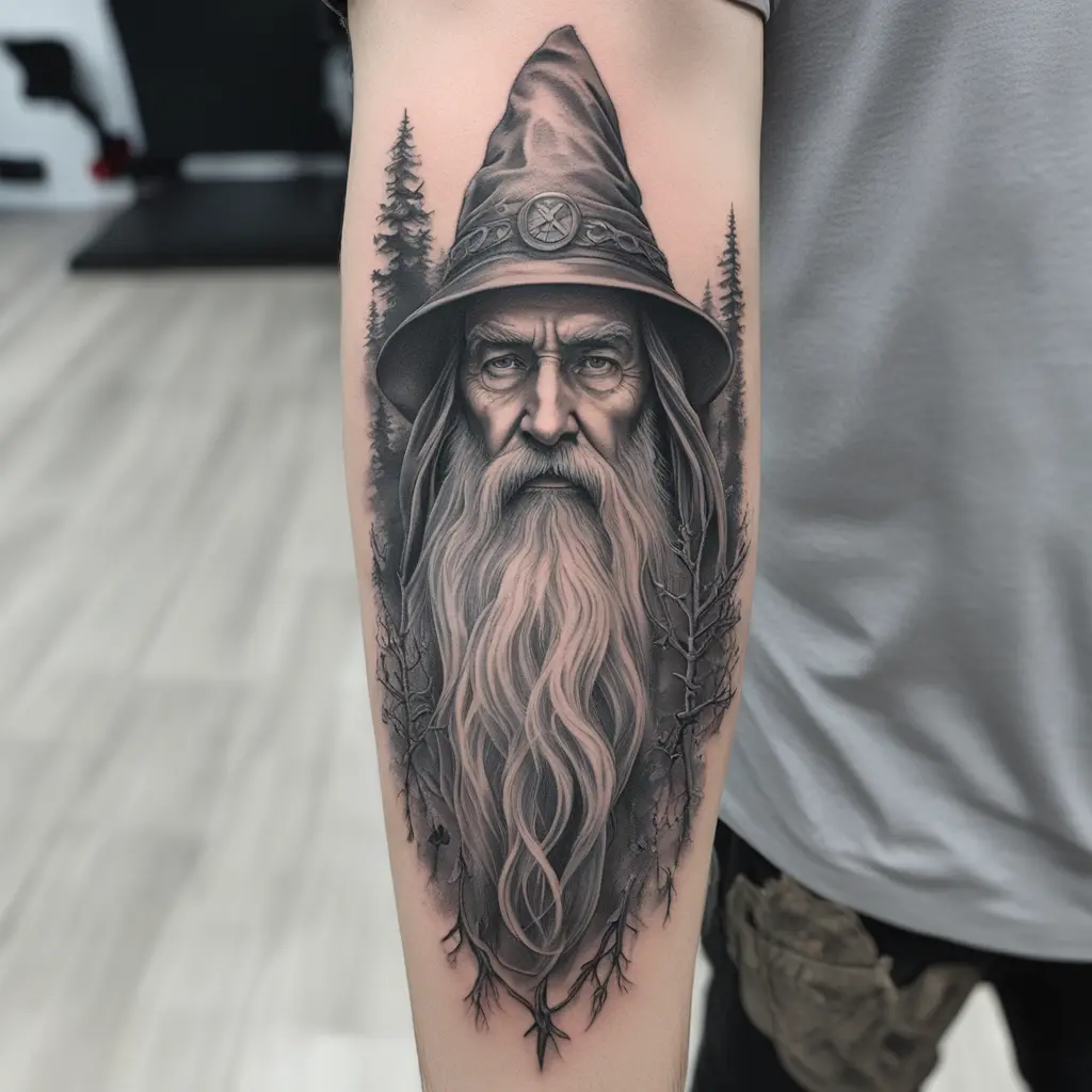 Realistic wizard, long beard, forest background backpieace