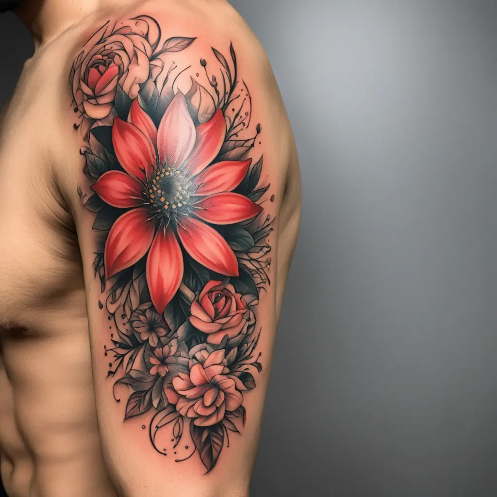 Red ink flower tattoo abstract