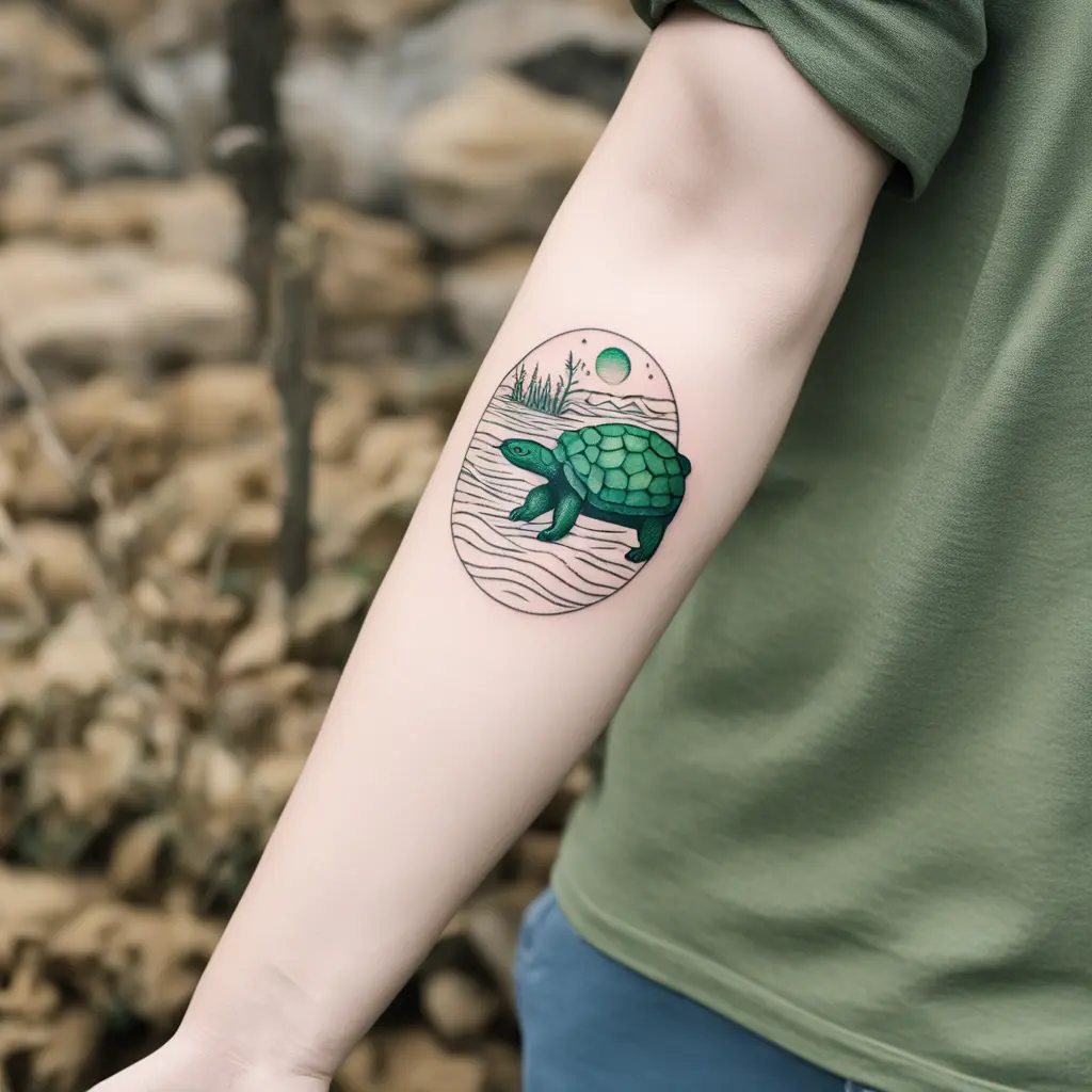 Représentation, d'une tortue avec un loutre, un ours et un pic vert devant un paysage dont le tatouage a un style similaire à van gogh