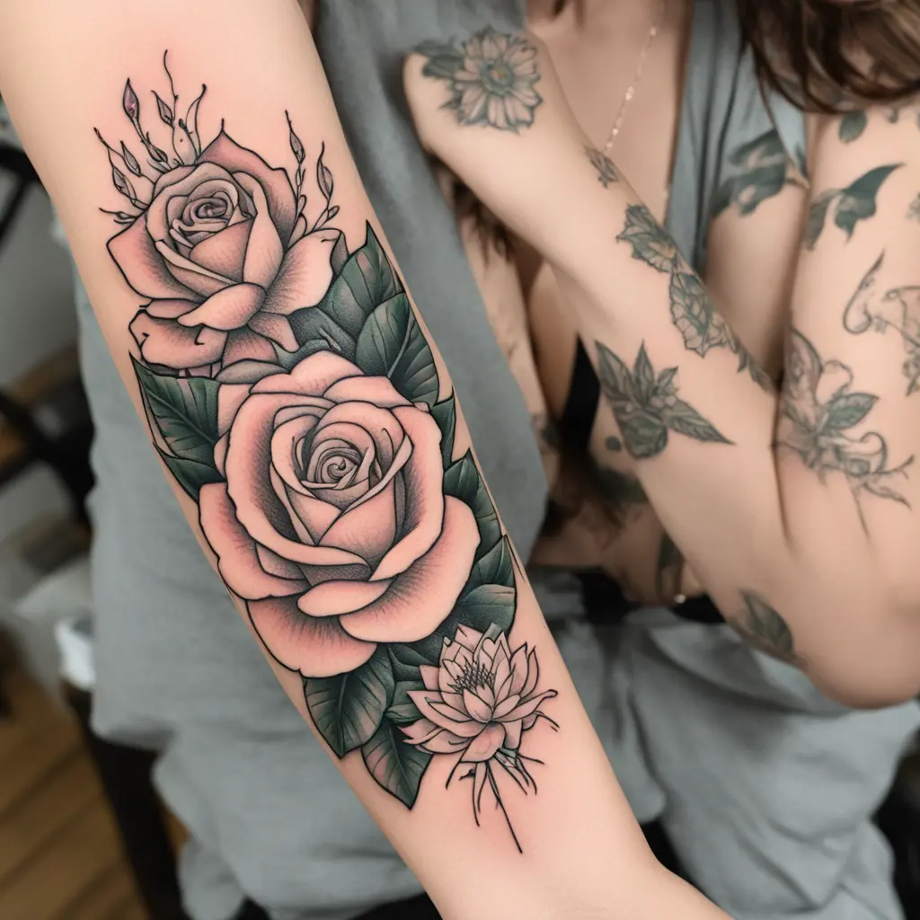 Rose flowers with Tristyn and water Lilly flower with Taytum on forearm