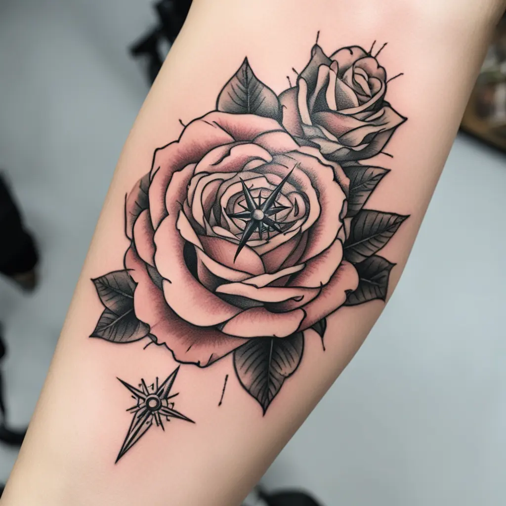 Rose on hand with a compass overlapping one side of rose.  