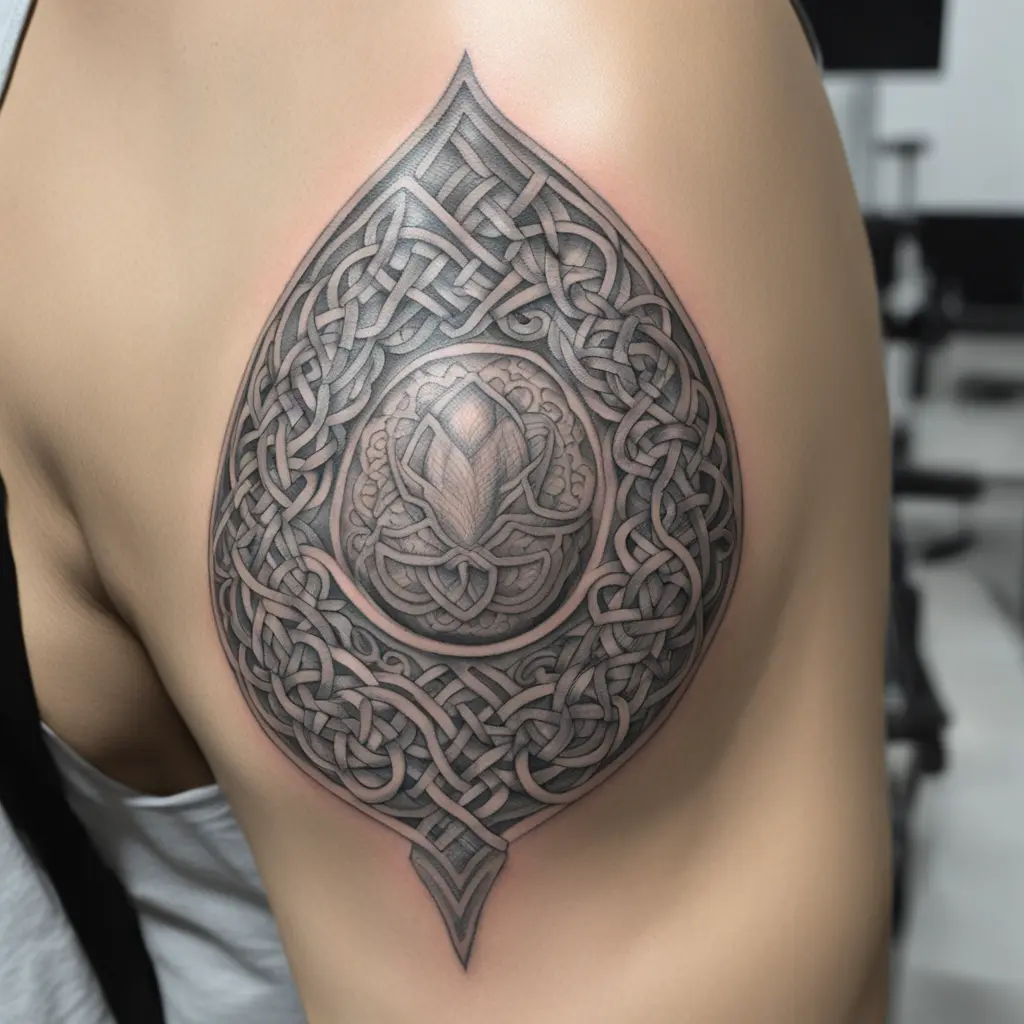 Santiago shell as the main part including celtic knots but make it not so intricated

