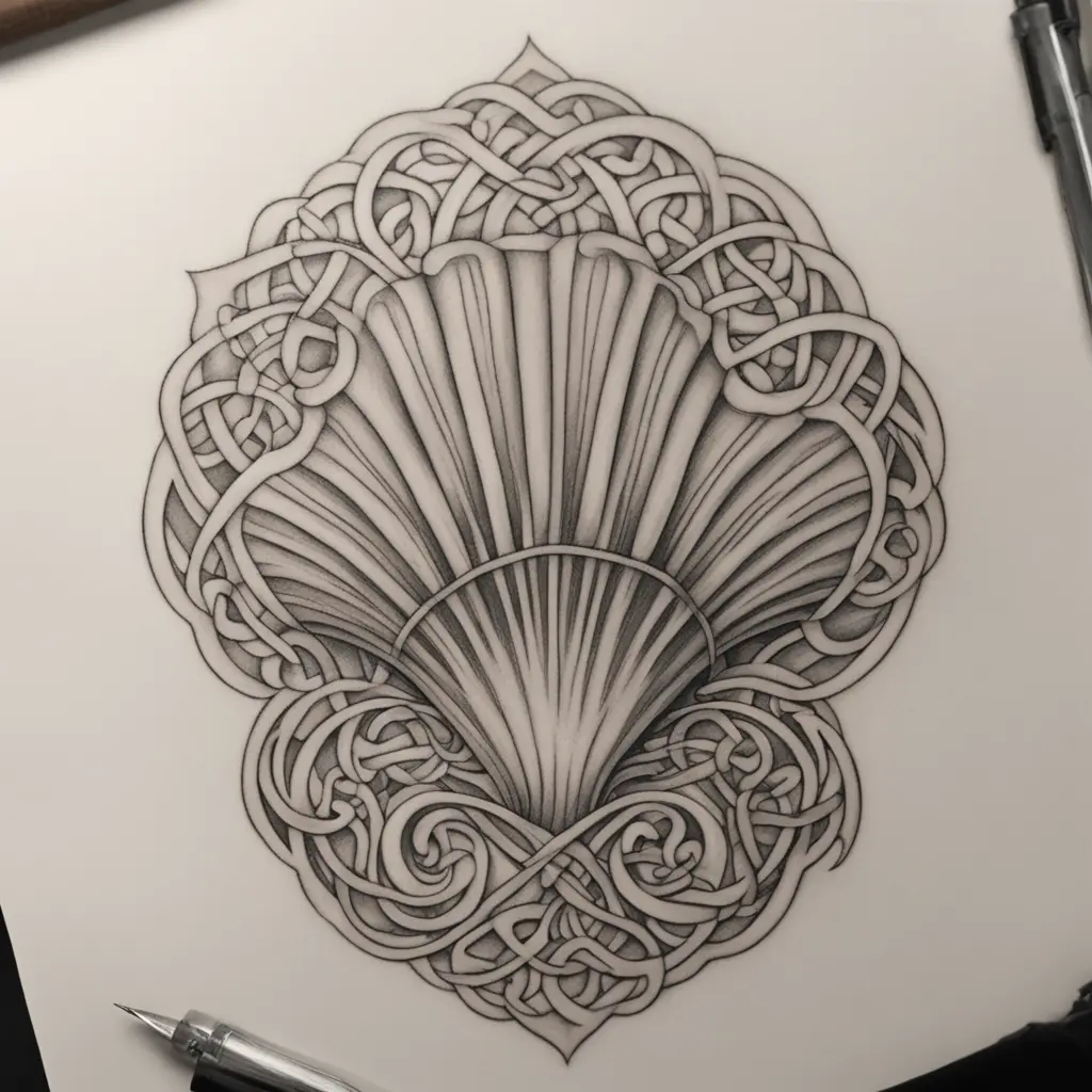 Santiago shell as the main part including celtic knots simple with an art nouveau style