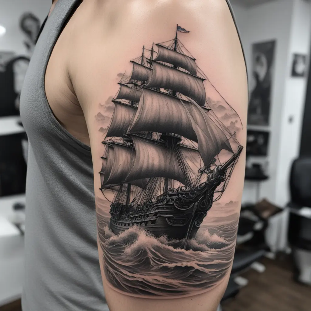 Ship tattoo with kraken coming up from the sea
