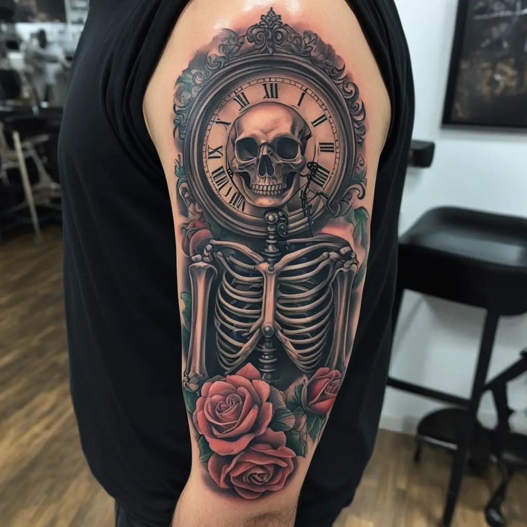 Skeleton holding grandfather clock