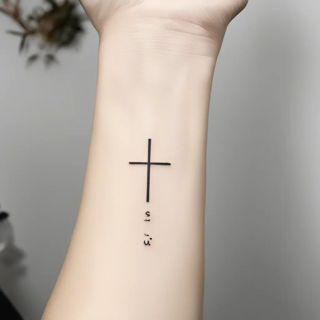 Small minimalist wrist tattoo. The word ‘Isus’ in cursive. The ‘I’ is elongated upwards with a small crossbar, forming a cross. The rest of the letters flow down elegantly.