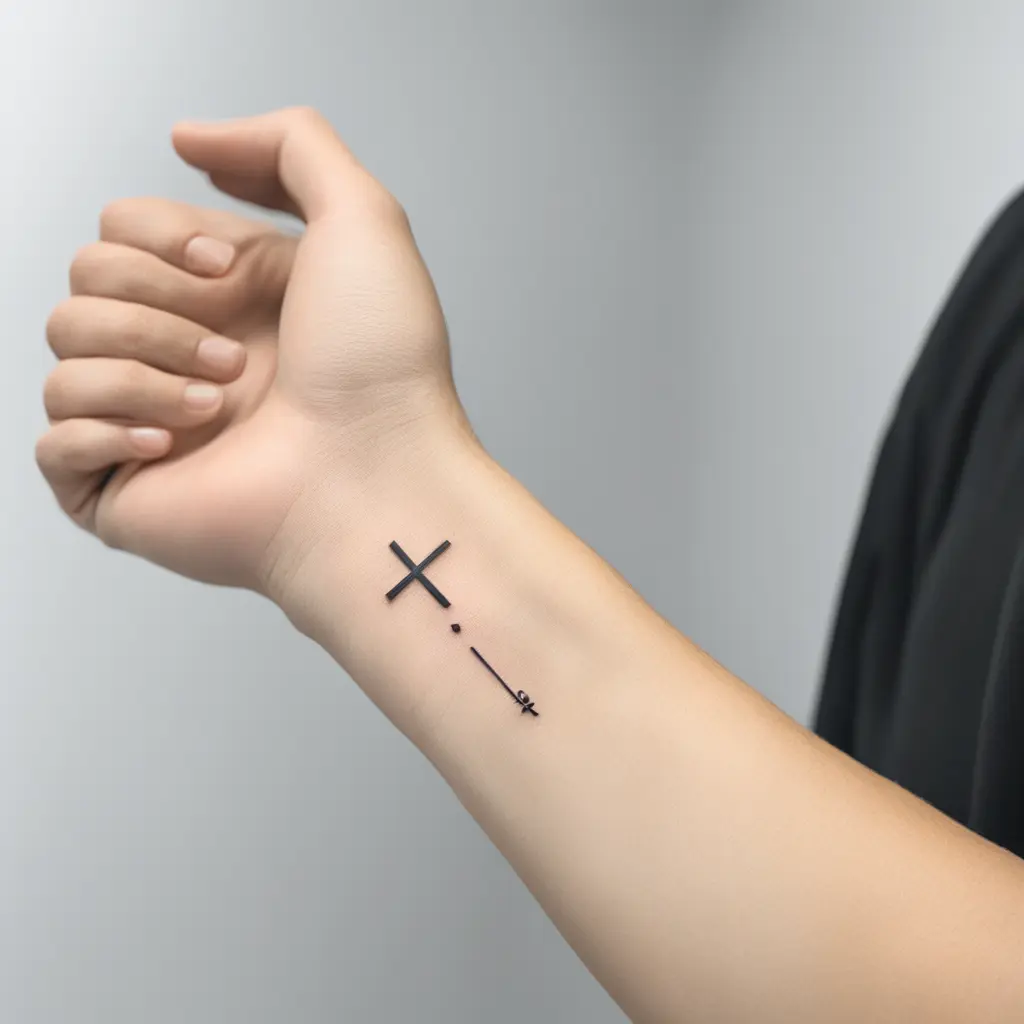 Small minimalist wrist tattoo. The word ‘Isus’ in cursive. The ‘I’ is elongated upwards with a small crossbar, forming a cross. The rest of the letters flow down elegantly.