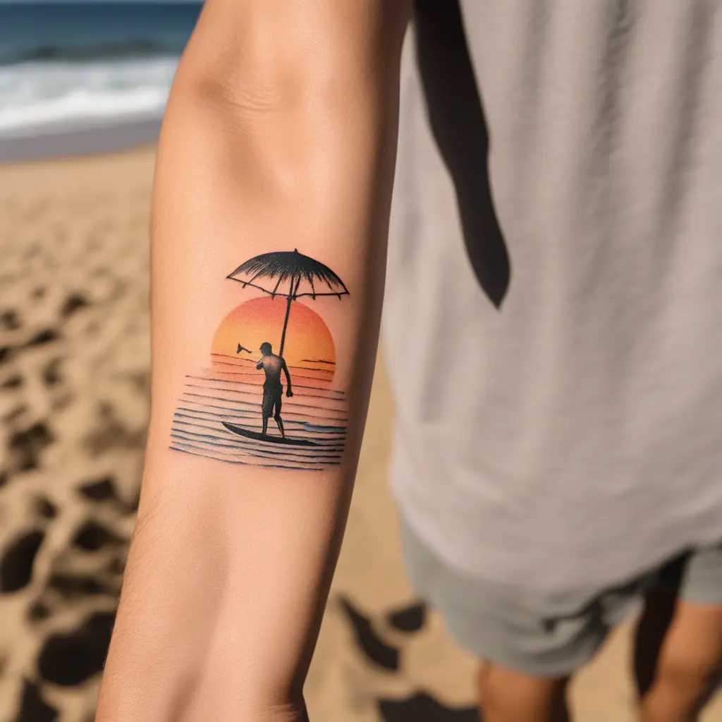  small tattoo combine of costal beach of sri lanka , sunset , surfing , stilt fishing of koggala 