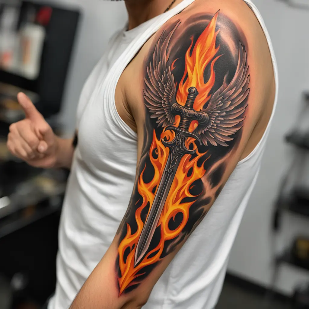 tattoo design, angelic sword,  blade on fire, arch angel symbols,