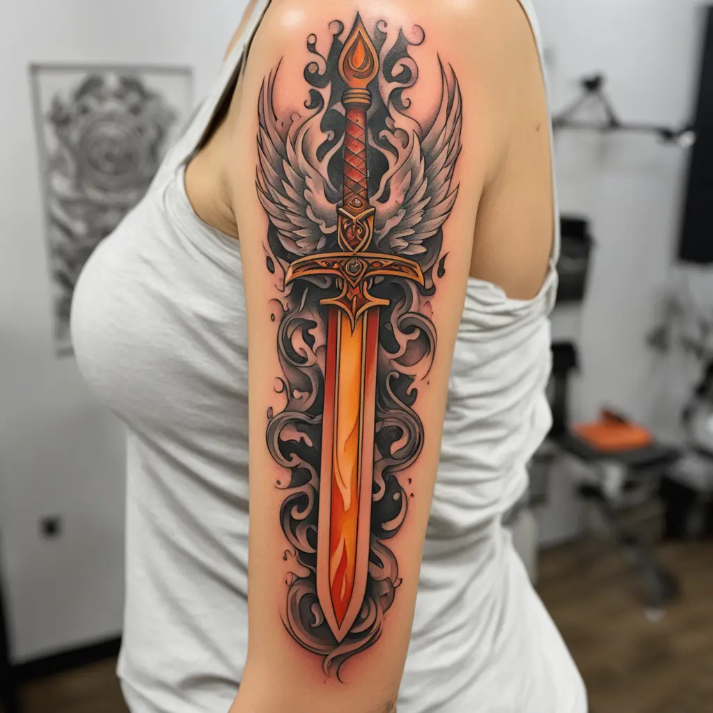 tattoo design, angelic sword,  blade on fire, 