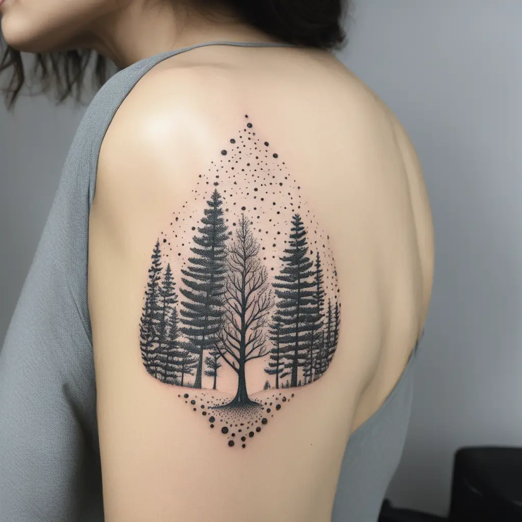 tattoo piccolo sul braccio con parole “stare soli, nonostante sono circondato da persone, foresta, alberi, tempo, amore, faló, camping, sentimento.