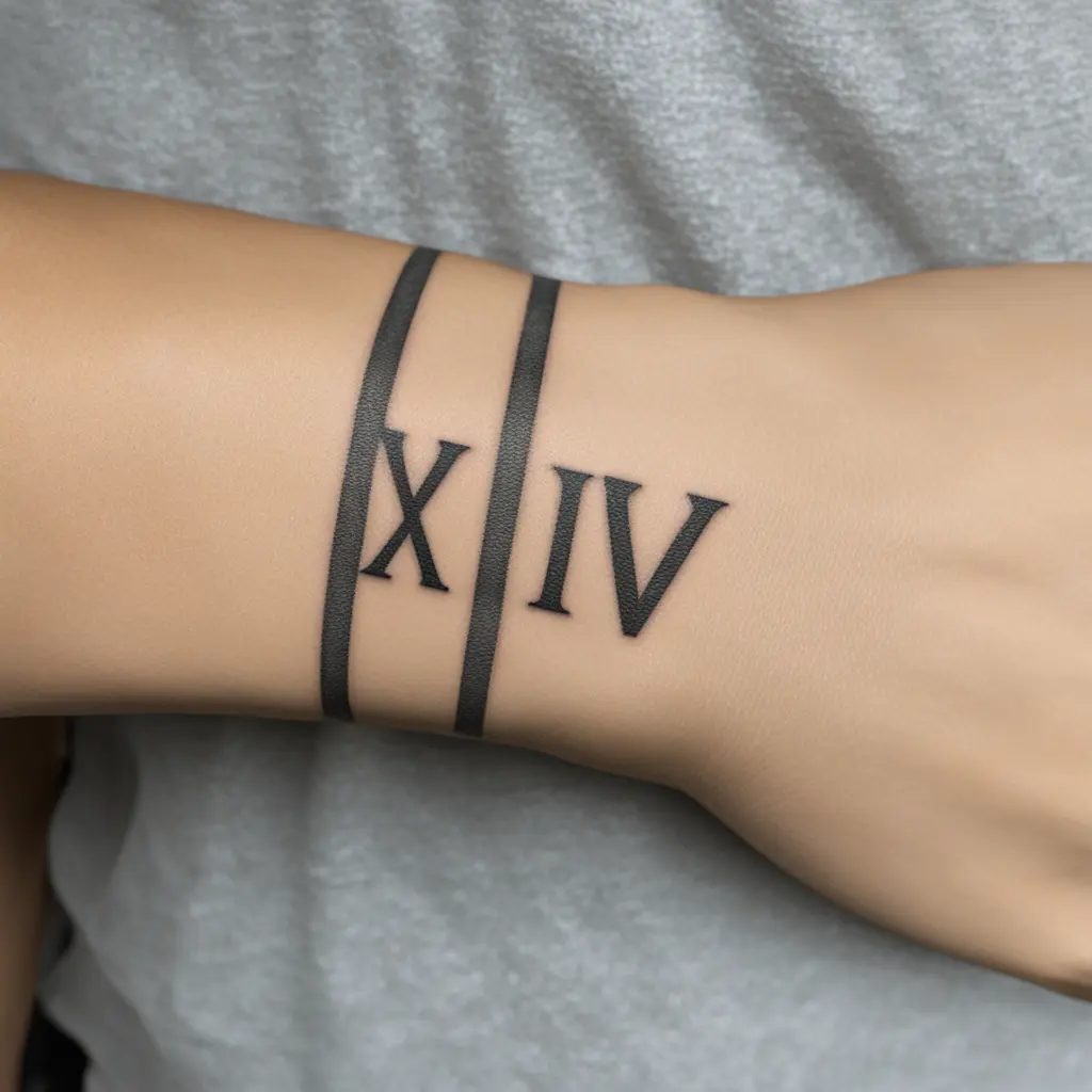 The Roman numerals XVII. VI. VII. On the wrist in small writing