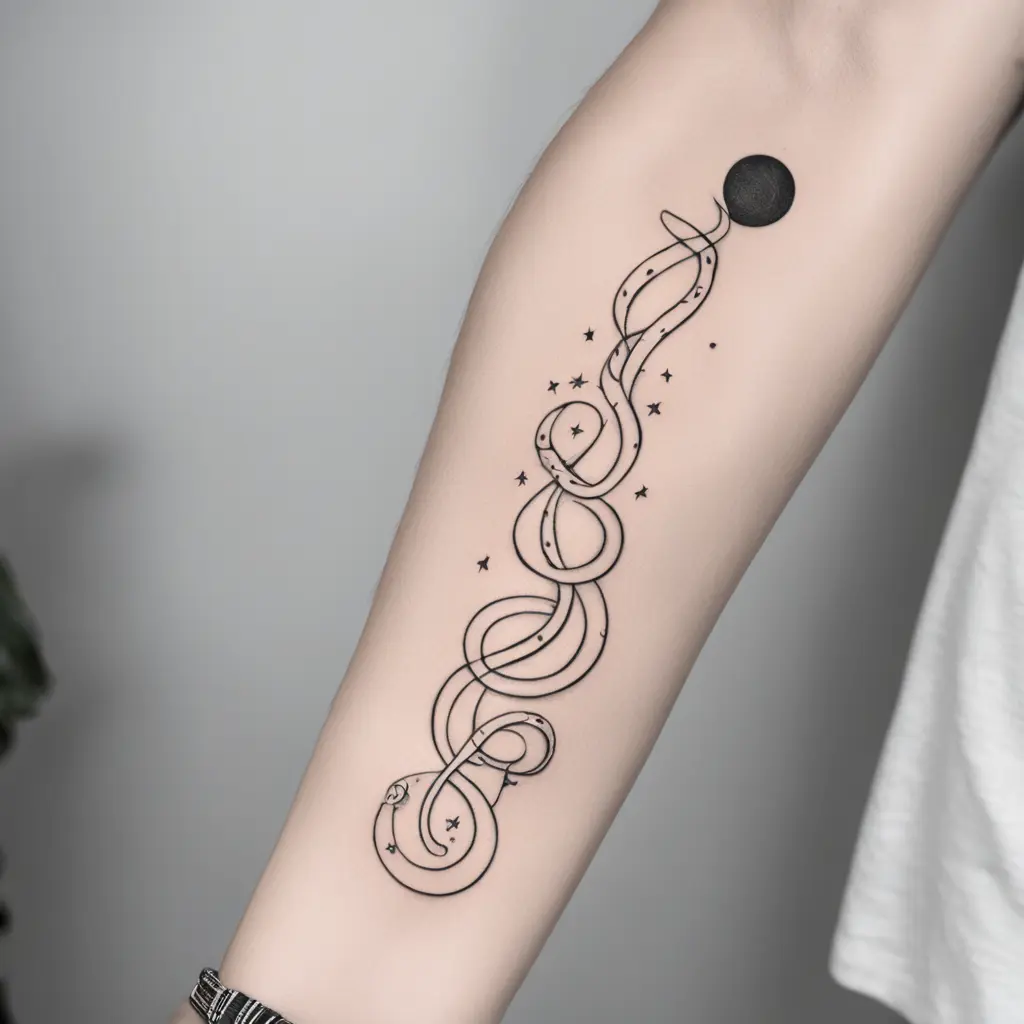 There are snakes, crescent moons, and healing messages:
live well!. thin lines still clearly show snakes reaching for the moonlight