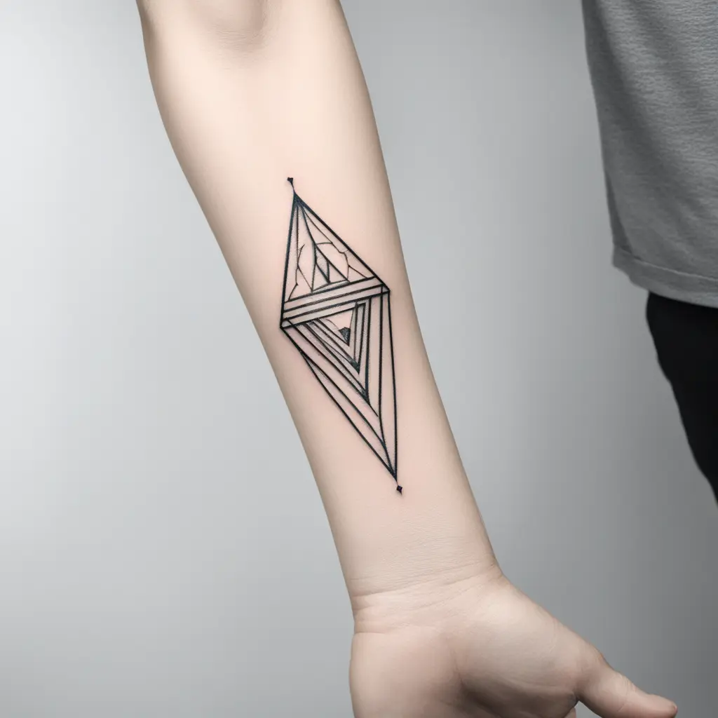 Vertical tattoo design in a diamond or elongated triangle shape. Fine-line blackwork with muted color accents.