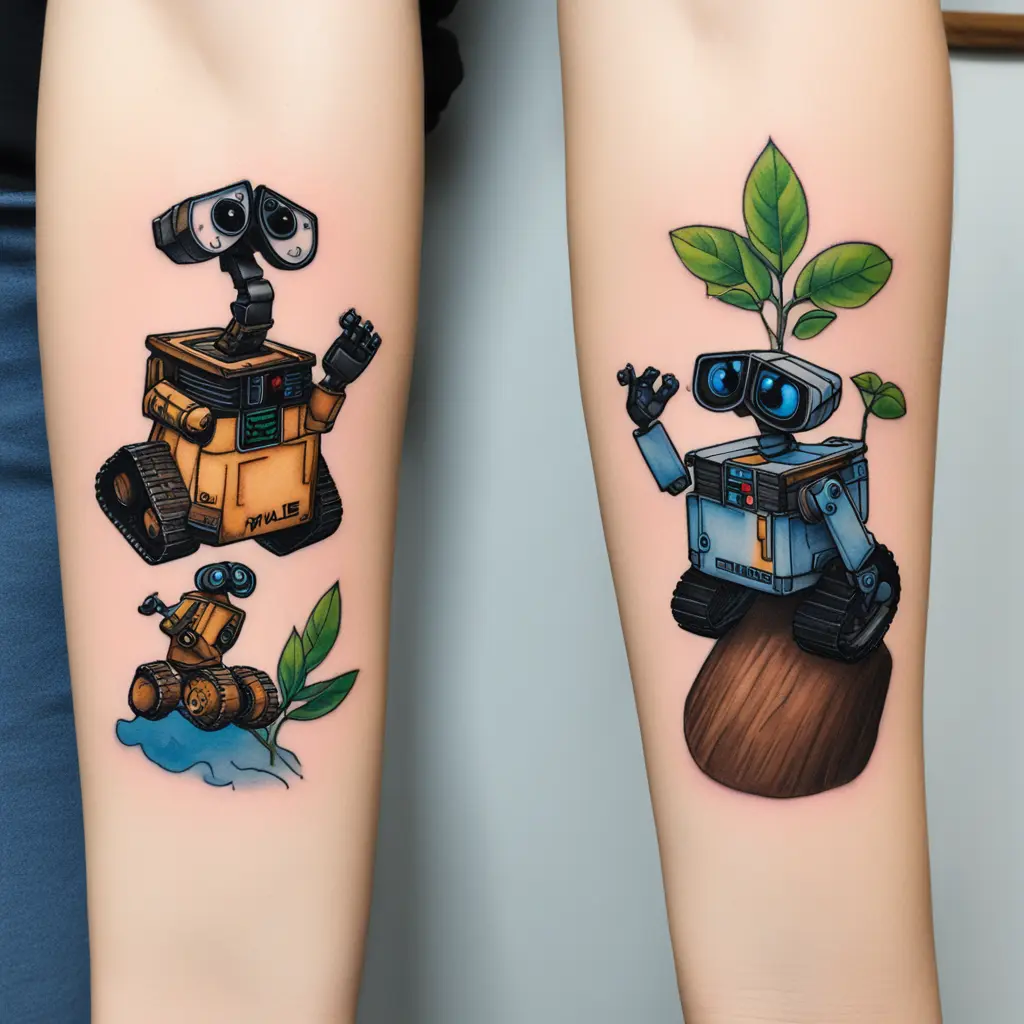 Wall-E on the left, extending the plant. Eve from Wall-E on the right, facing him with her blue symbol marked Him holding the green sapling from the movie done in a wood carving tattoo style