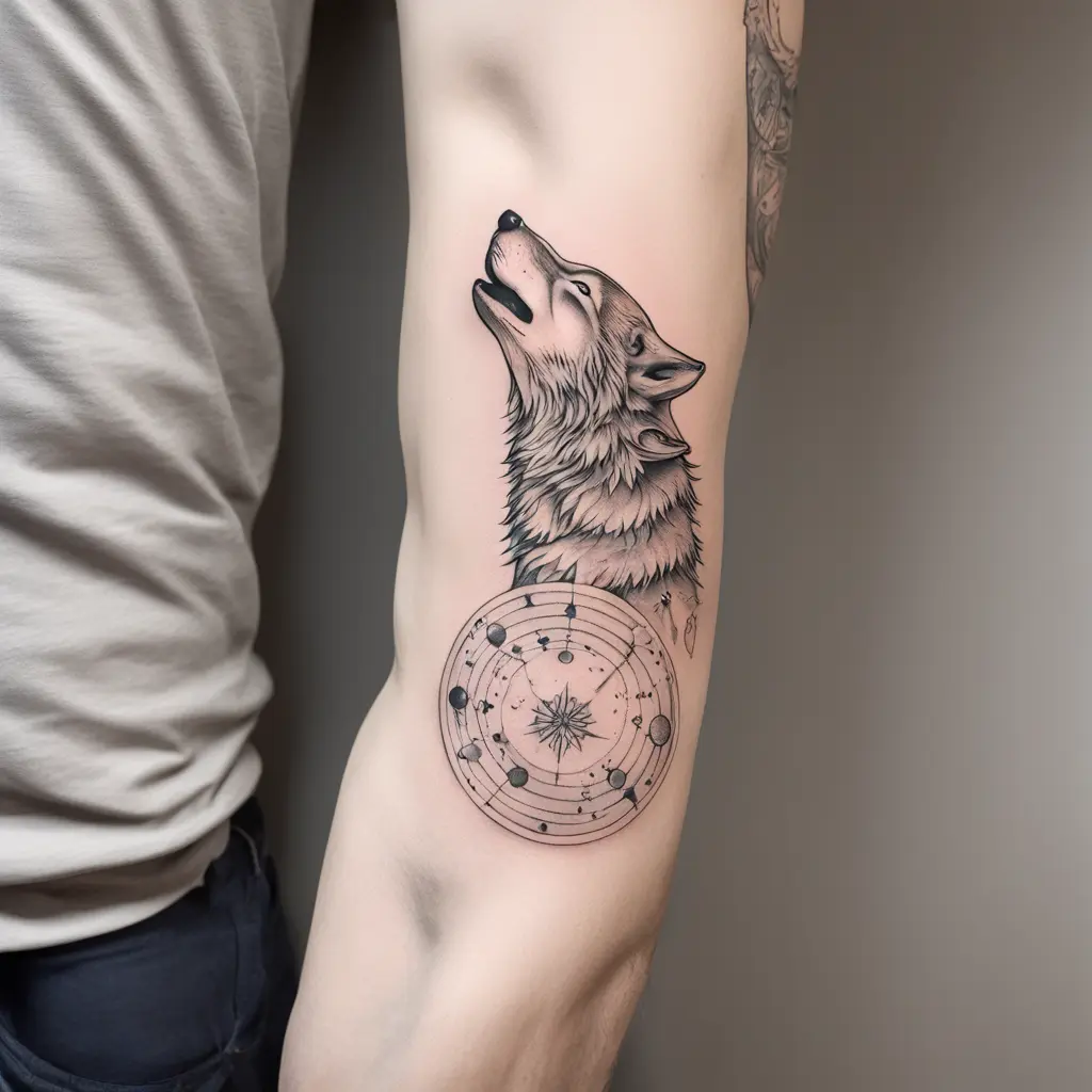 Wolf howling surrounded by diffrent moon phases and is on side stomach