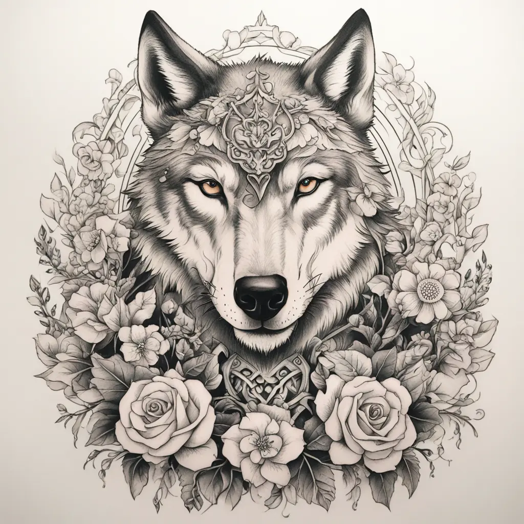 Wolf with knight’s guantlet in its mouth sourounded by vines and flowers