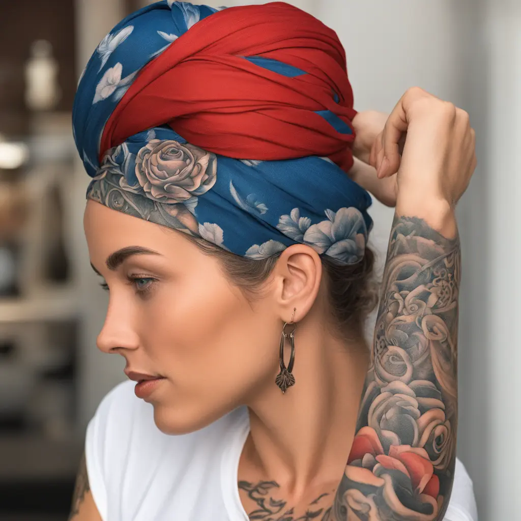 Woman's head, profile, curly hair, wearing headscarf, blue eyes