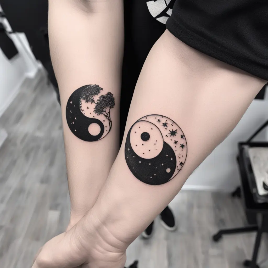 yin and yang tattoo with yin being nature and earth themed and yang being space and galaxy themed