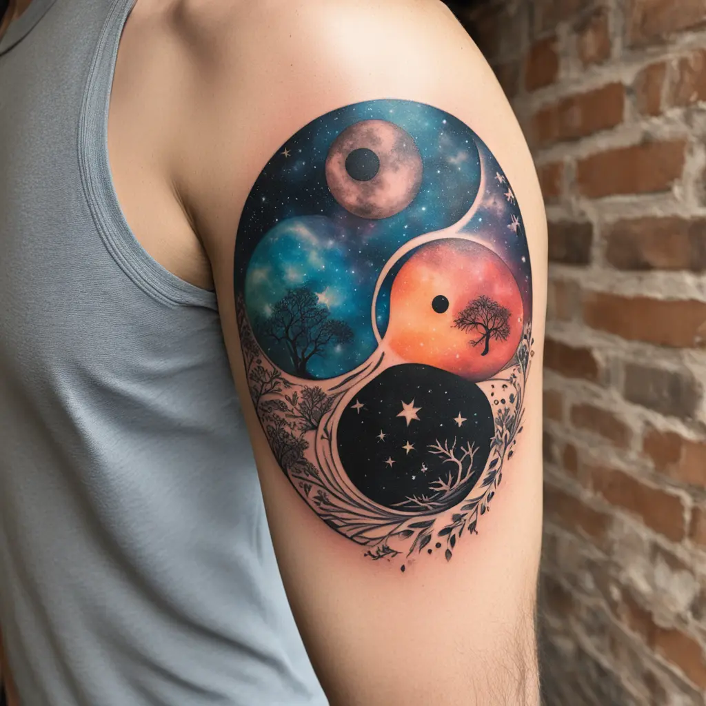 yin and yang with yin being earthy/nature themed and yang being space/galaxy themed